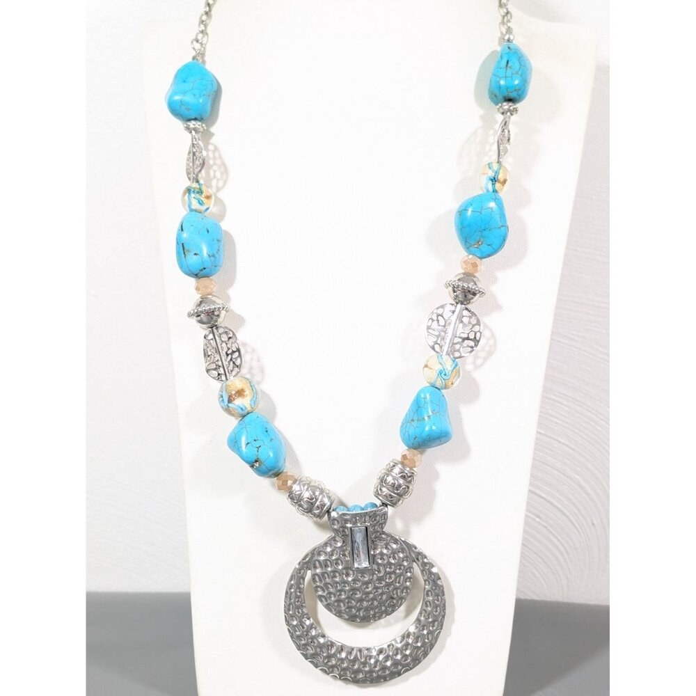 Southwestern Boho Faux Turquoise Glass Hammered‎ Statement Necklace 22"